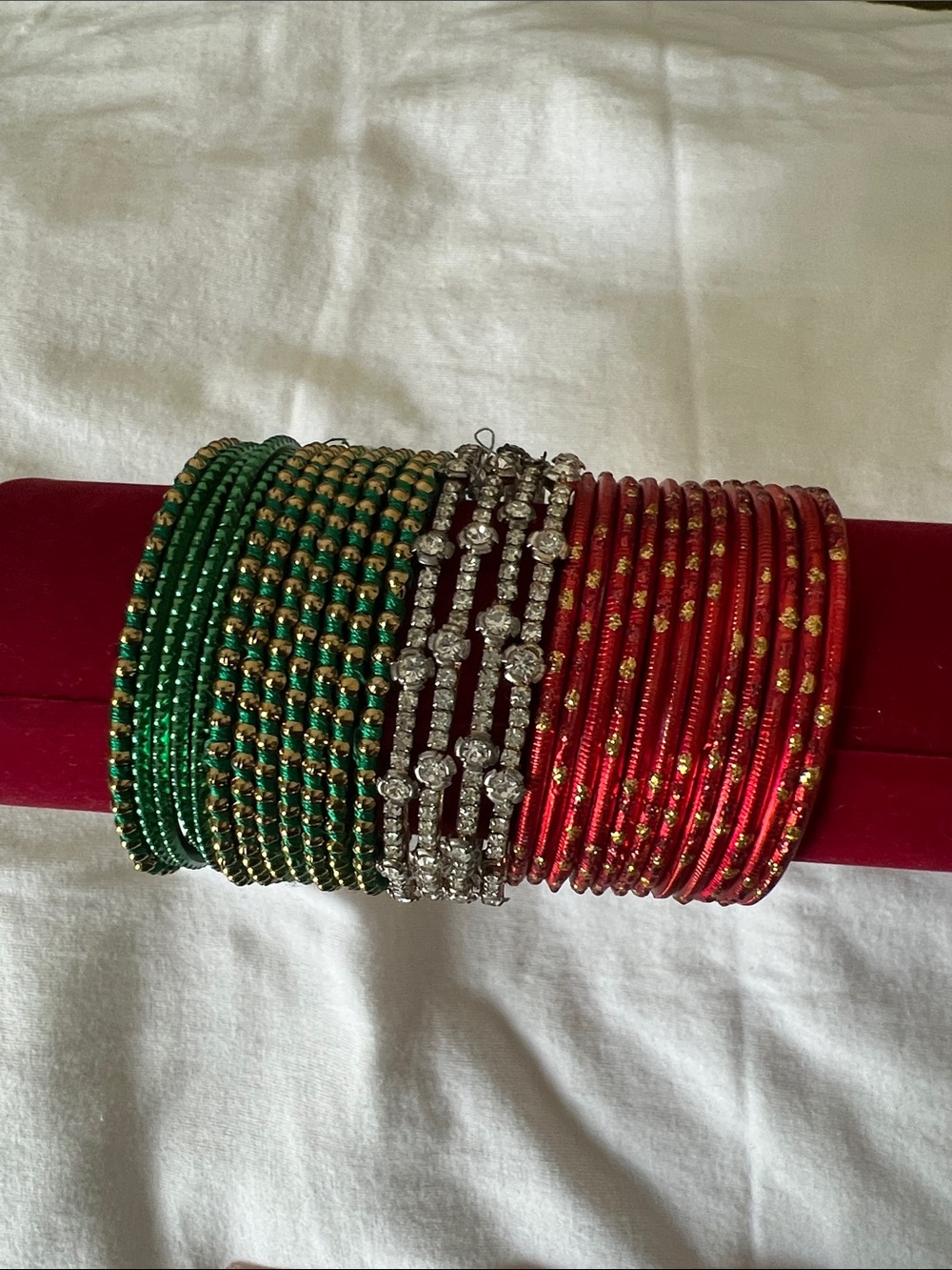 Kids Green and Red Kids Bangle Set with Sparkling Silver Accent